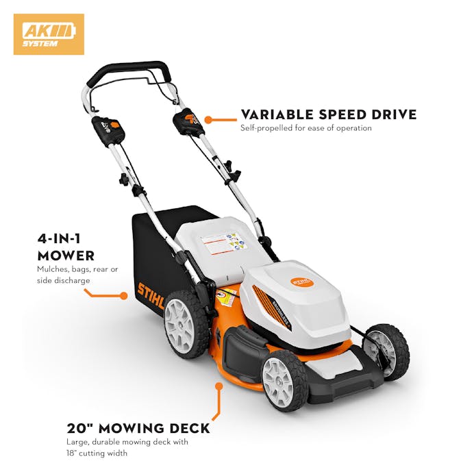 RMA 348 image that points out the following functions: 4-in-1 mower, variable speed drive, and 20" mowing deck