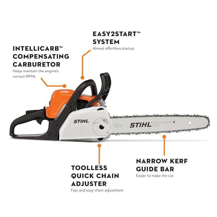 Infographic of MS 180 C-BE pointing out the Intellicarb Compensating Carbutator, Narrow Kerf Guide Bar, Toolless Fuel and Oil Caps with Retainers and Easy2Start System. 