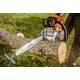 Close up of STIHL MS 180 C-BE Chainsaw cutting into a log