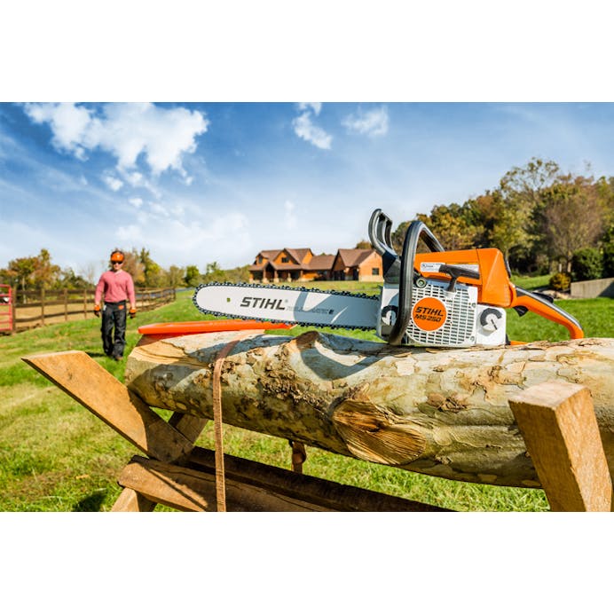 Man walking up to MS 250 Chainsaw resting on a log