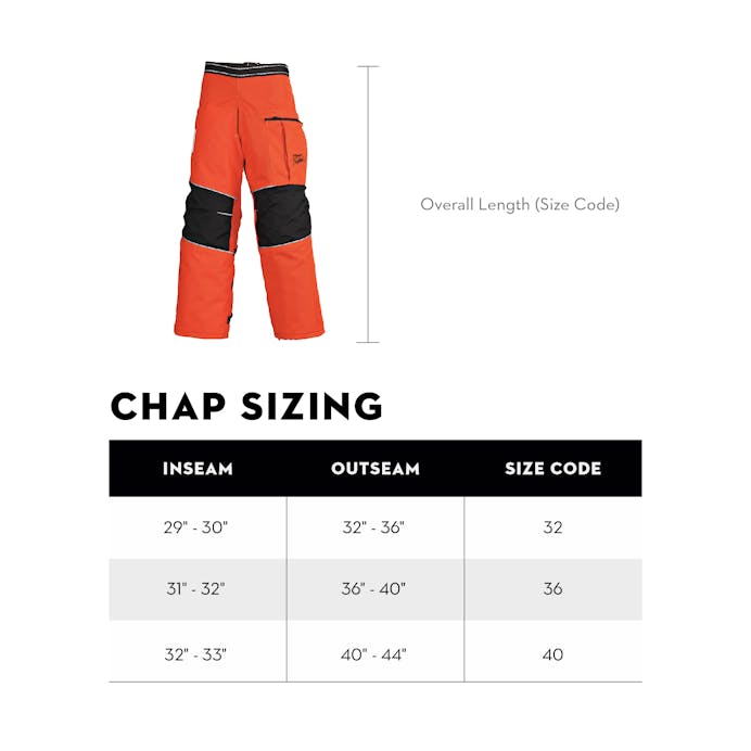 Chap sizing guide that includes the inseam, outseam, and size code