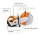 Diagram of TS 420 STIHL Cutquik® featuring a Top-Handle design, Low Exhaust Emission Engine, Anti-Vibration System, X2 Air FIltration System, and 14" Cutting Wheel 