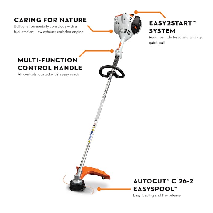 Diagram of FS 56 with features: Caring for Nature, Easy2Start system, Multi-function control handle, and autocut C 26-2 EasySpool