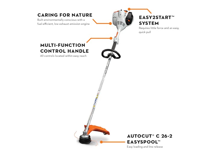 Diagram of FS 56 with features: Caring for Nature, Easy2Start system, Multi-function control handle, and autocut C 26-2 EasySpool