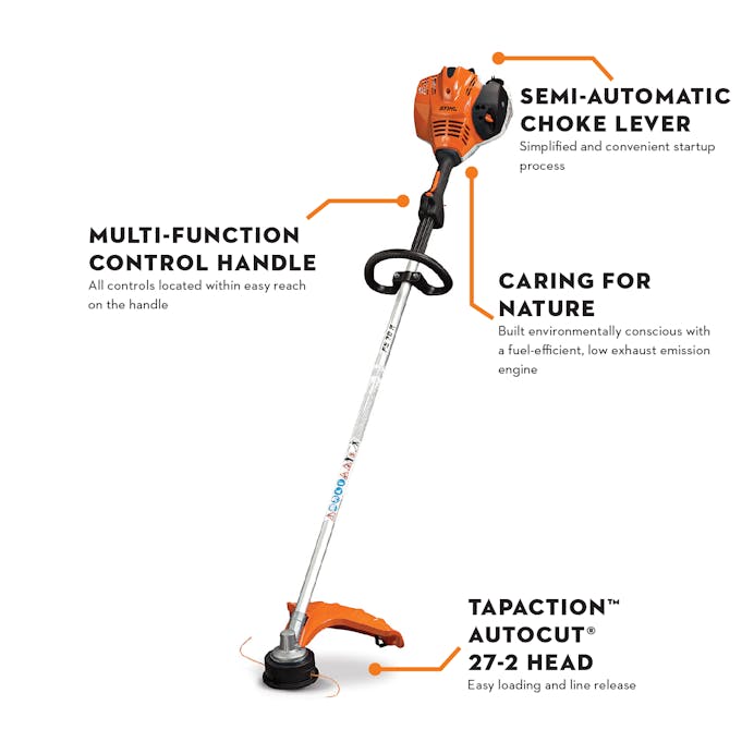 Diagram of FSA 70 R pointing out the Semi-Automatic Choke Lever, Multi-Function Control Handle, Caring for Nature reduced-emission engine technology, and TapAction™ AutoCut® 27-2 Head