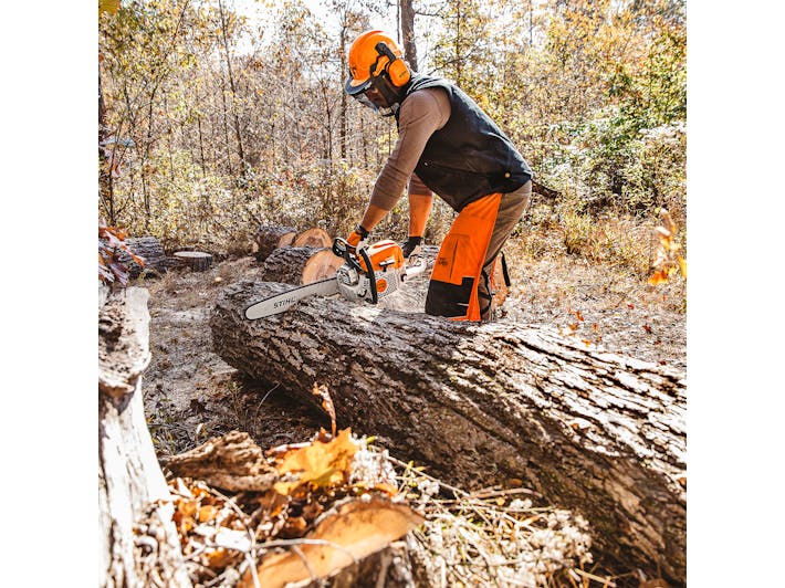 Man cutting log with MS 391