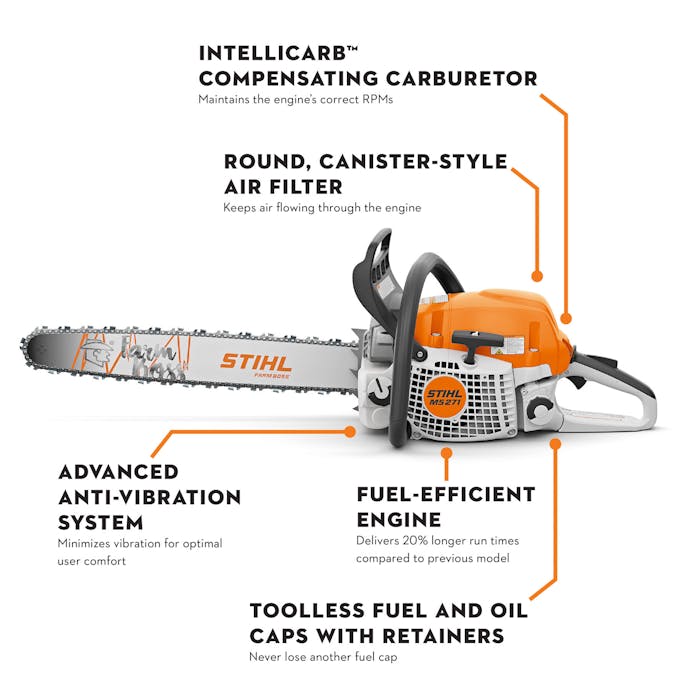 Infographic of MS 271 pointing out the Intellicarb Compensating Carburetor, Round Canister-Style Air Filter, Fuel Efficient Engine, Advanced Anti-Vibration System, Fuel-Efficient Engine and Toolless Fuel and Oil Caps with Retainers 